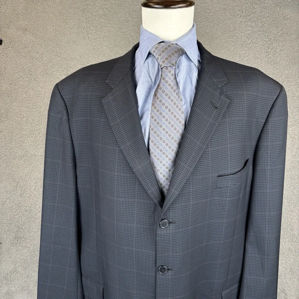 Joseph Abboud 48L Windowpane Check Blazer Men Navy Wool 3 Button Jacket